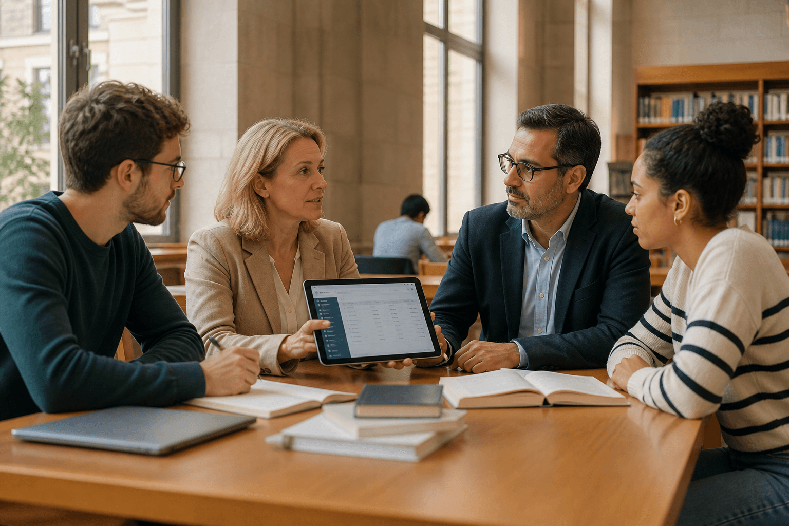 Institution staff and students collaborating on campus